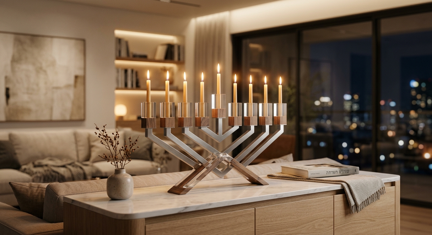 חנוכייה מודרנית ויוקרתית עשויה עץ ומתכת עם נרות חנוכה דולקים, ניצבת על שידת שיש בסלון מעוצב
