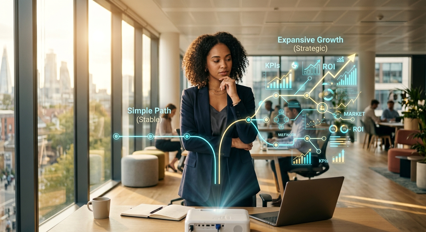אשת עסקים מנתחת נתוני צמיחה, מדדי ביצוע (KPIs) ו-ROI המוצגים כהולוגרמה של תרשימים וגרפים בסביבת משרד מודרנית.